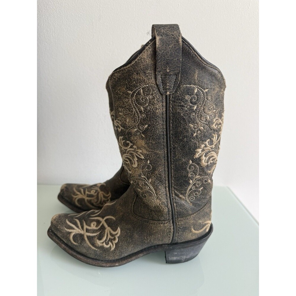 Old West Kids Cowboy Boots Size 2 Brown Distressed Leather